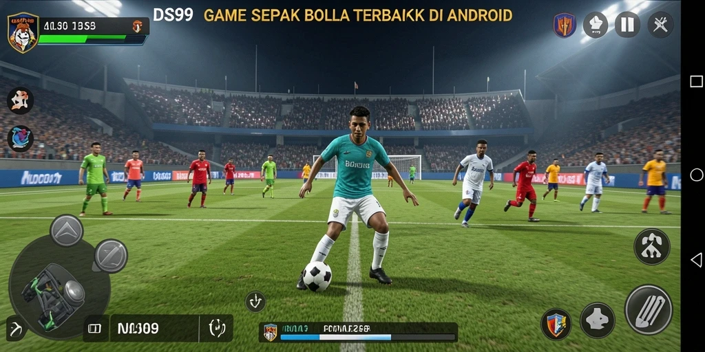 Tangkapan layar utama gameplay DS99 menampilkan aksi sepak bola yang mendebarkan.